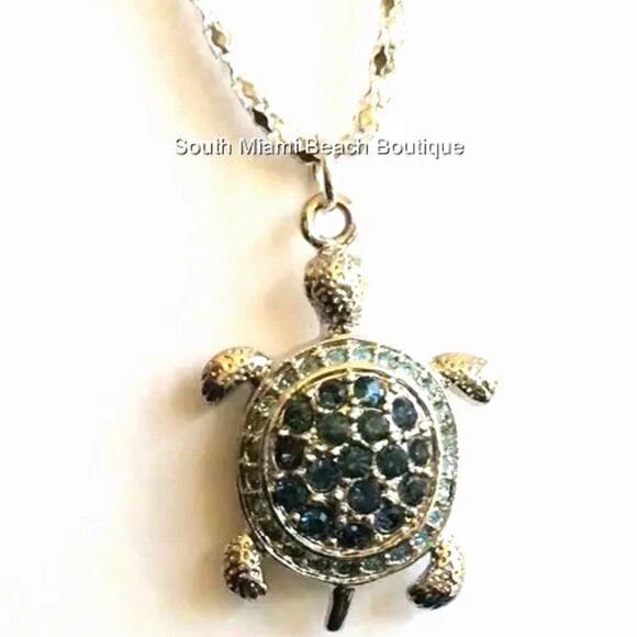 Silver Blue Crystal Sea Turtle Necklace Pendant Island Nautical Plated 17" - Picture 8 of 10